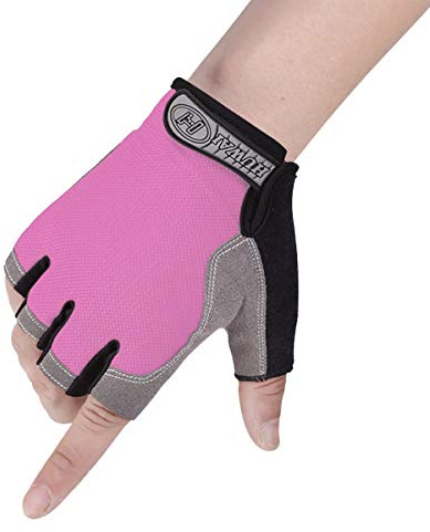 IPENNY Girls Boys Half Finger Cycling Gloves Sport Gym Gloves Racing Mitts Non-Slip Gel Short Finger Breathable Summer Gloves Mountain Road Bike Riding Bicycle Running Gloves (Pink+Gray for kids 4-9)