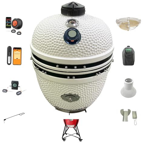 YNNI KAMADO TQTT21WH - Grand ensemble Kamado - Gril de 53,3 cm - Blanc avec chipfeeder, Divide and Conquer, thermomètre numérique, couvercle, céramique, œuf, fumoir, TQTT21WH