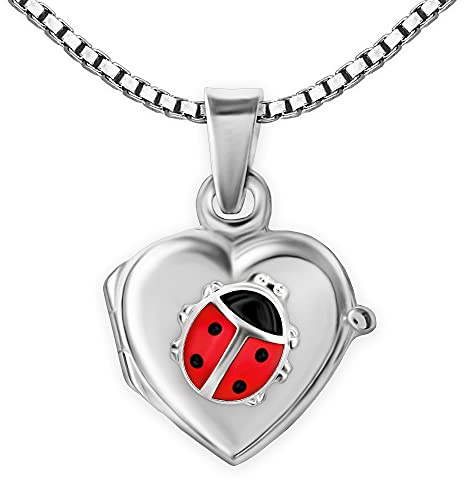 CLEVER SCHMUCK Mädchenkette Marienkäfer bunt Herz Medaillion für Fotos 17mm + Veneziakette 40 cm Sterling 925 im Etui rosa