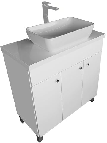 Waschbecken mit Unterschrank 80 cm Breit IGA SINK | Aufsatzwaschbecken mit Unterschrank | Badmöbel Set für Badezimmer & Gäste-WC | Waschtisch mit Unterschrank Stehend | Waschbeckenunterschrank Weiß