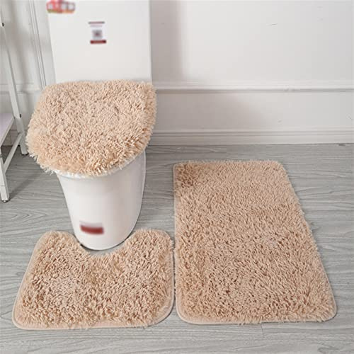 Lifup – Juego de Alfombrillas de baño Antideslizante, 3 Piezas, Contorno de Inodoro con cerdas largas, Shaggy Tapa para Inodoro, Color Caqui 1