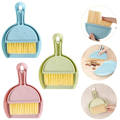 JIBOLAT 3PCS Mini Broom and Dustpan Set for Home, Car, Kitchen, Table, Kids - Durable Plastic Bristles, Handheld, Hangable, 3 Colors