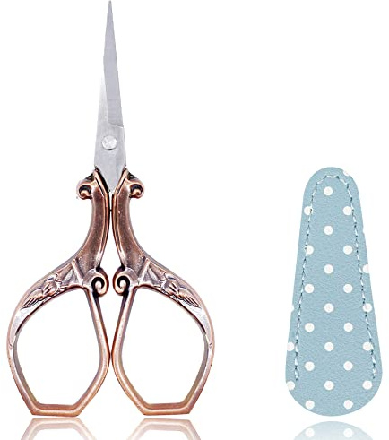 BIHRTC 4.5inch Small Sewing Scissors Cross Stitch Scissors with Leather Cover Stainless Steel Sharp Pointed Tip Vintage Embroidery Shears for Craft Handcraft Housework DIY Tool