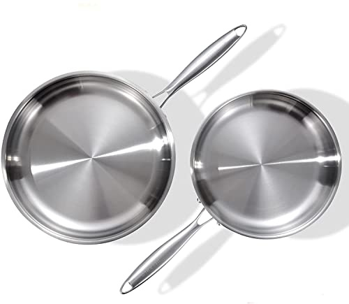 DELARLO Juego de sartenes de acero inoxidable de tres capas, 9 y 11 pulgadas, compatible con todas las cocinas de hasta 315.6 °C, juego de sartenes de acero inoxidable, duradero, calor rápido y