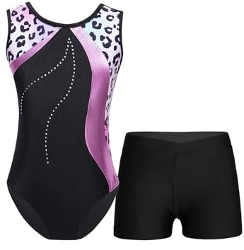 TTAO Gymnastikanzug Kinder Mädchen Turnanzug Ärmellos Ballettanzug Tanz Gymnastikbody mit Shorts Training Wettkampf Tanzkostüm Rosa Leopard 134-140
