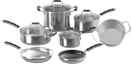 Cuisinart Heritage Stainless Steel Collection of Induction-Ready 11-Piece Set of 1.5 qt and 3 qt. Saucepans, 3.5 qt Sauté Pan, 6 qt. Stockpot, 8-Inch and 10-Inch Skillets, Covers, and Steamer Insert