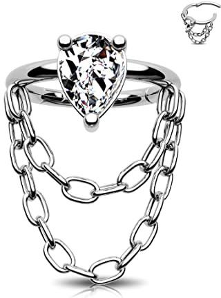 Jewseen Knorpelohrringe, Ketten-Creolen, Helix-Piercing, 316L Edelstahl, Nasenringe, 16G CZ, Scharnier-Segmentring, Kette, baumelnde Ohrringe für Damen und Herren, 8 mm/10, 8 mm, Zirkonia