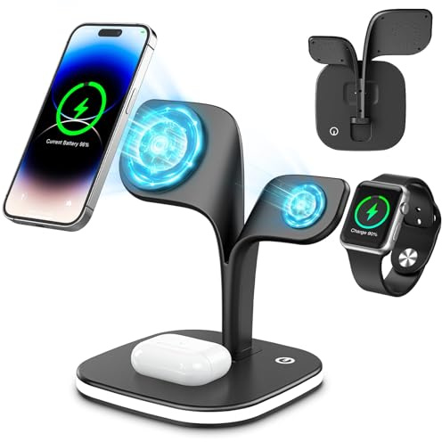 COLSUR Magsafe Ladegerät 5 in 1 Induktive Ladestation für iPhone 17/16/15/14/13/12 Pro Max Serie, Schnellladegerät Apple Watch 10/9/8/7/6/5/4/SE/2/Ultra, Wireless Charger AirPods 4/3/2/Pro - Schwarz