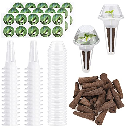 BEIJIALY 30 Pièces Kits de Dosettes de Graines Hydroponiques, Kit D'éponges de Démarrage de Graines de Plantes avec Paniers de Culture, Couvercles Isolants Transparents, étiquettes(Clair)