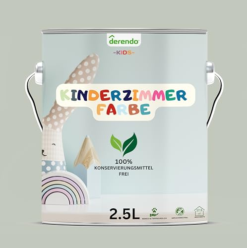derendo Kinderzimmer Wandfarbe – Umweltfreundlich, Geruchsneutral, Hohe Deckkraft, Schadstofffrei – Farbe Dino Grün, 2,5 Liter