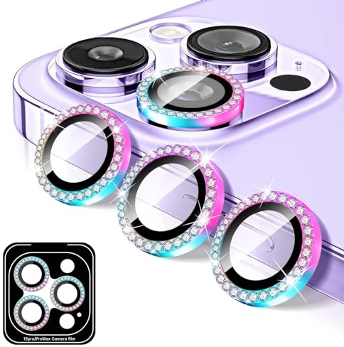 Kucheed Proteggi Obiettivo Fotocamera Compatibile con iPhone 13 Pro/13 Pro Max, Copriobiettivo per Fotocamera in Vetro Temperato Diamante, 9H Adesivi per Pellicole con Anelli Metallici