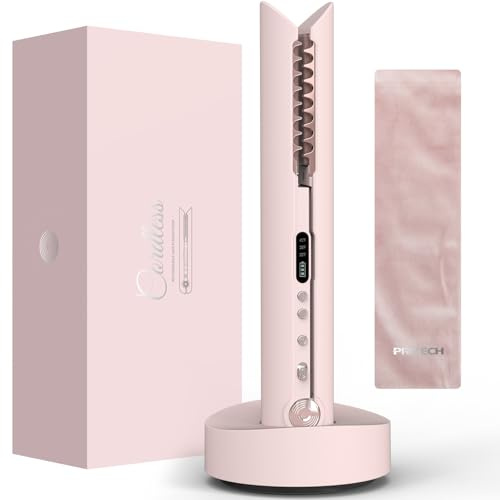 Travel Flat Iron Cordless, Mini Hair Straightener and Curler for On The Go, Portable Size USB-C Rechargeable Grey Straightening Iron PRITECH Pink