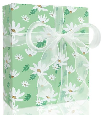 Schick Kunstvoll Groovig Boho Frühling Weiße Gänseblümchen Garten, Blumenmuster Weich Mintgrün Geschenkpapier, 4 Blatt 50 x 70 cm pro Blatt für Geburtstagsfeier, Hochzeit, Babyparty