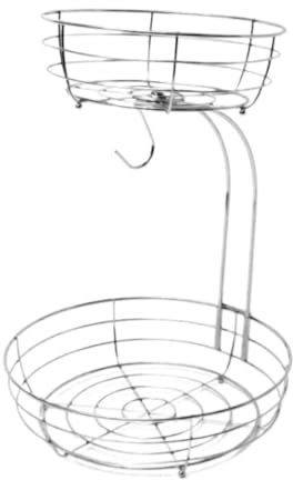 NESPIQ Fruit Basket 2-Tier Countertop Fruit Vegetables Bowl with Banana Hanger Vegetable Produce Storage Baskets for Kitchen Fruit Storage(Silver)