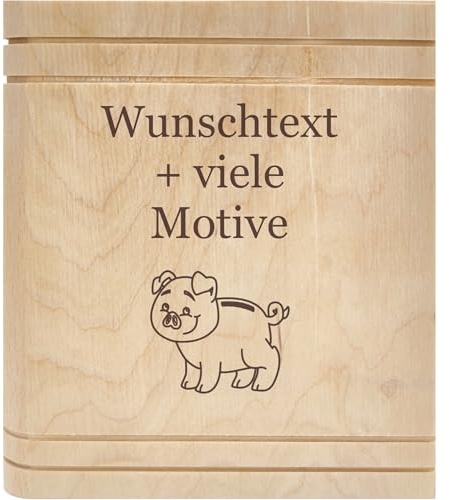 Personalisierte Spardose aus Holz mit Gravur - B-Ware/2. Wahl, Mängelexemplare - Sparbüchse mit Schlüssel, Sparschwein in Buchform, Geschenk für Kommunion, Konfirmation, Taufe …