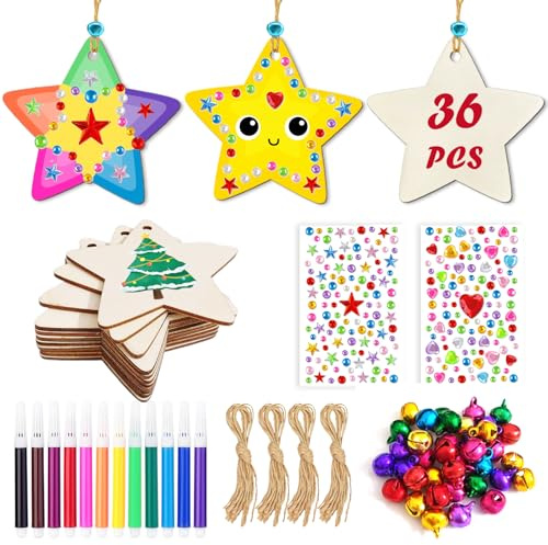 36 Anhänger Weihnachten Holzsterne, Holzanhänger Weihnachten, Bastelset Weihnachten Kinder mit Kordel Bunte Pinsel Glocken Aufkleber, für Holzsterne zum Basteln, Adventskranz Deko, Wooden Plaque