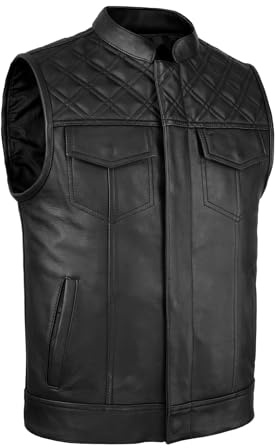 Leatherick SOA Style Motorcycle Vest for Men - Diamond Stitch Black 1.2mm Cowhide Leather Biker Vest with 8 Pockets