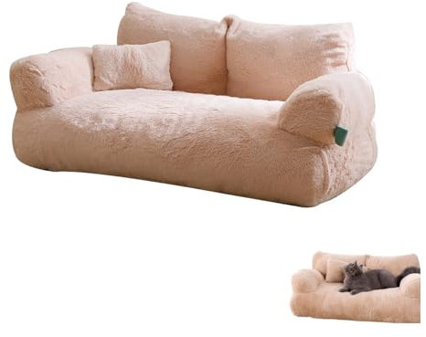 Weiches, beruhigendes Katzensofa, beruhigendes Haustiersofa, Perlbaumwoll-Hundebett mit abnehmbarem, waschbarem Bezug, flauschiges Plüsch-Haustiersofa für kleine und mittelgroße Hunde(Beige,XXL)