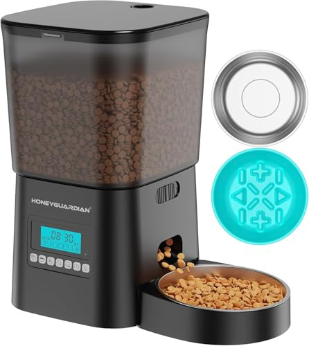 HoneyGuaridan Automatic Cat Feeder with Timer, 3.5L Dry Cat Food Dispenser,with Stainless Steel & Slow Feeder Bowl, Dual Power Supply with Desiccant, 1-6 Meals/day for Cats Dogs