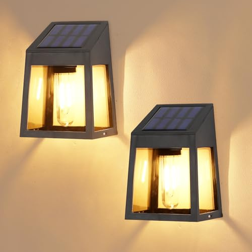 Wowlela Solar Wall Lights Outdoor, 2Pack Retro Solar Fence Lights, Warm White Fence Solar Light with Tungsten Bulbs, IP65 Waterproof, for Fence Post Garden Backyard Porch Wall