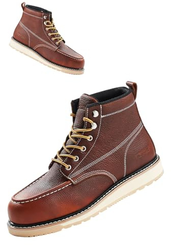 VEVOR Bottes à embout en acier, taille US 8,5, bottes de travail à bout mocassin imperméables pour hommes, antidérapantes, légères et respirantes à semelle en caoutchouc EVA, pour construction, marron
