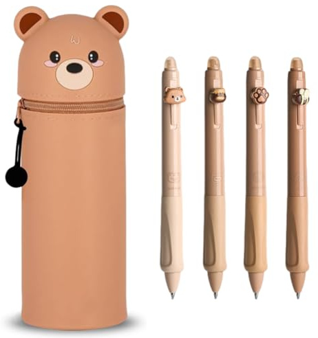 Kawaii Federmäppchen Bär + 4pcs Löschbare einziehbare Stifte,Mäppchen,Federmäppchen Reißverschluss,Stand up Federmäppchen,2-in-1 Weiche Silikontasche,Stifte Mäppchen,Large Capacity Pencil Case