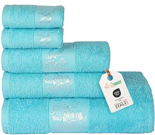 nice homeit - Set di 5 Asciugamani in 100% Cotone Filato ad Anello – Asciugamano da Bagno di Qualità, Morbidi e Assorbenti – Ideale per Bagno, Palestra, Hotel e Spa. Made in Italy (Azzurro acqua)
