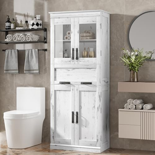 OPULENTHOME Badrumsskåp, högskåp, fristående toalettskåp, 5 våningar, 2 dörrar högskåp, badrum med glasdörrar och justerbara hyllor, för badrum, antikt vitt (67 x 31 x 170 cm)
