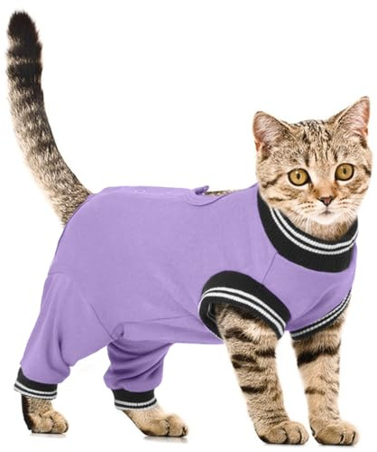 PUMYPOREITY Body per Gatto, Tutina Post Operatoria Sterilizzata Tuta Post Operatoria Gatti Femmina Manica per Gambe Posteriori Gatto Protettore per Zampe Gatti(Viola, M)