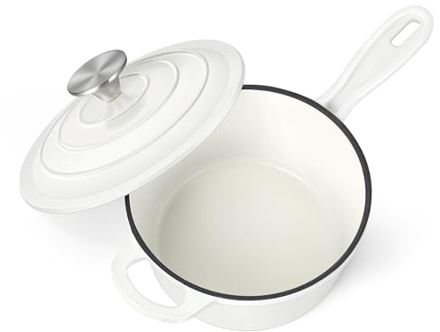 HaSteeL 3 QT Cast Iron Saucepan, Enamel dutch oven with lid, Small Non Stick Pan for Milk, Pasta Tomato Sauce, Butter, Breakfast, Soup, Suitable for Boiling Stewing Frying, Easy to Clean, White