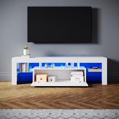 SONNI Mueble TV Sálon Blanco con Luces LED Ajustable de 12 Colores con Mando a Distancia, Mesa TV Madera con Estantes Cristal (160x35x45cm)