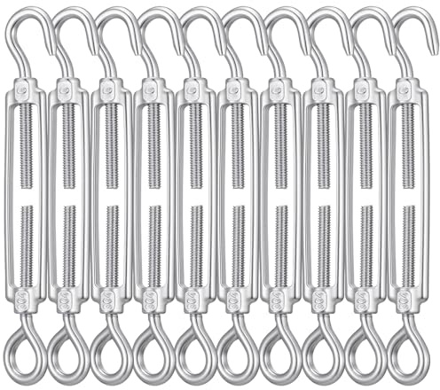 MBAIYO 10 Pack M6 Turnbuckle Hook and Eye, 304 Stainless Steel Heavy Duty Turnbuckles for Cables Wire Adjustable Turn Buckle Tensioner Kit for Sun Shade Sail Hardware Wire Tightening Cable Railing