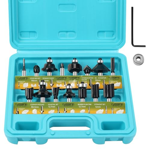 Yueqing Zhongji Router Bits, 15Pcs, 1/4 Inch Shank (6.35MM) | Tungsten Carbide Tipped, For Doors Tables Shelves Cabinets, Woodwork Tools, DIY Woodwork
