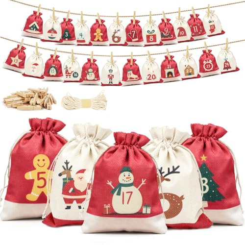 Inreeme Calendario de Adviento de Tela para Rellenar- 18x13 cm Bolsas de Adviento para Autorrellenar 2025, 24 Piezas DIY Bolsas de Yute Reutilizables Calendario Navideño para Niños Niñas Adultos