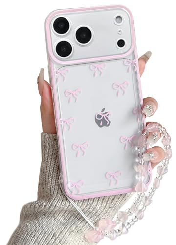 NITITOP for iPhone 17 Pro Max Case Cute Clear Bow Chain,Pink | for Women Girls, Aesthetic Bowknot Ribbon Design, with Wrist Strap, Soft TPU Shockproof Cover, Full Camera Protection
