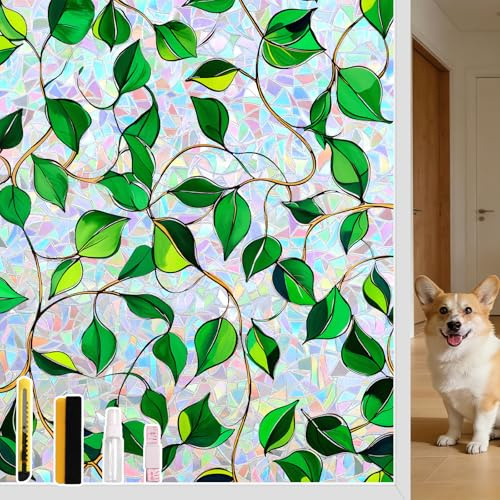 NINETREX Fensterfolie Bunt Sichtschutzfolie Selbstklebende Folie 60x200CM | Regenbogeneffekt Blickdich Buntglas Anti-UV Sonnenschutz Blattmuster Dekorative Für Wohnzimmer, Küchen Und Schlafzimmer