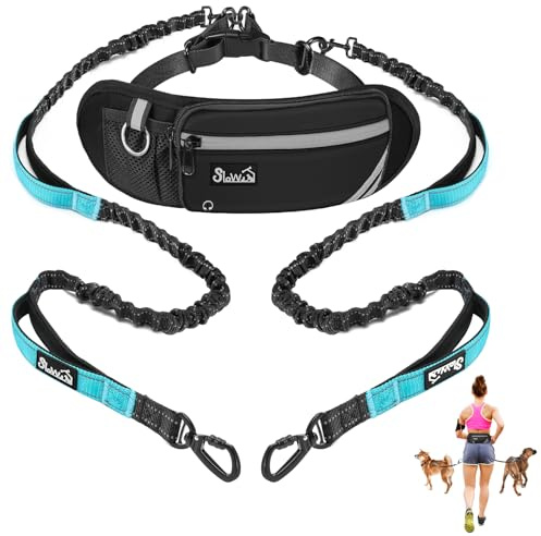 Eyein Joggingleine mit Bauchgurt für 2 Hunde, Freihändig Hundeleine mit Abnehmbare Gürteltasche, Reflektierende Laufleine mit stoßdämpfendem Bungee und Dual Griffe zum Joggen Laufen (L für 2 Hunde)