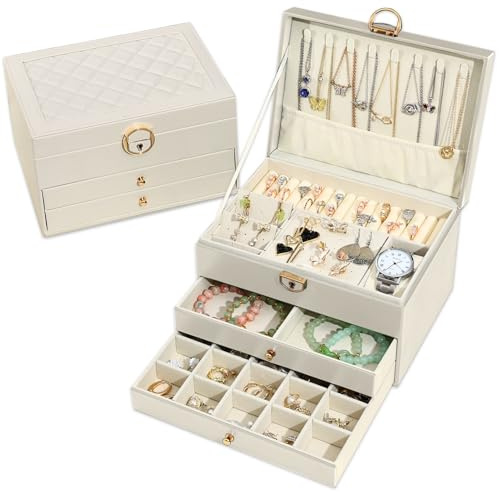 Granbest 3 Schichten Schmuckkästchen mit 2 Schubladen, Elegante Schmuckkasten, Leder Schmuckbox Ideal für Halsketten, Armbänder, Ringe und Ohrringe (Beige)