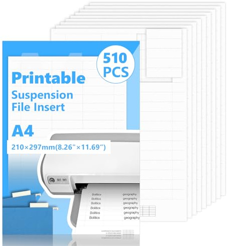 Bedruckbare A4-Hängemappen, Weiß, 15 x 55 mm, Hängeregistratur-Einlagen, Hängemappen, Hängemappen, Registerkarten, Aktenschrank, Hängemappen, Etiketteneinsatz für Hängeordner, 510 Stück