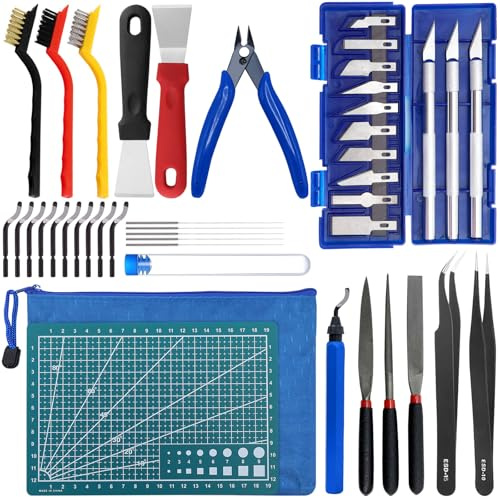 VZXZXE Kit 42 outils imprimante 3D, set accessoires avec nettoyage buses, aiguilles, brosses métal, ébarbeur, pinces, grattoir & limes pour entretien, rangement inclus