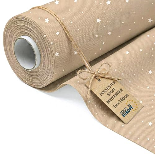 Kinderstoffe zum Nähen Meterware 1 M x 140 cm Polyester Stoff mit Motiven – Dekostoff für Kinderzimmer Vorhänge Kissen Tischdecke Taschen knitterarm formstabil Beige mit Weiß Sternen
