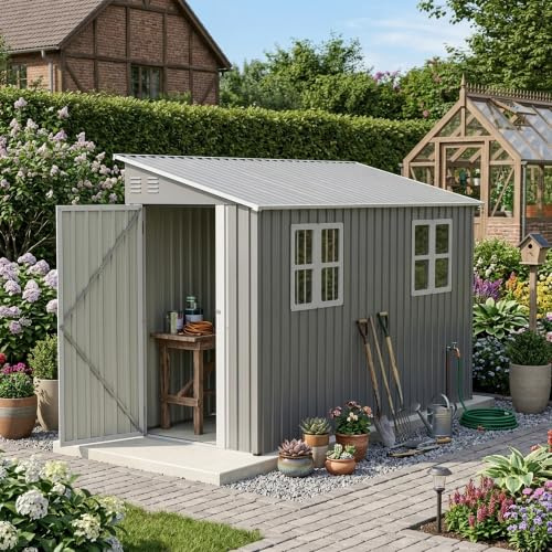 Metall Geräteschuppen 1,2x3m – Grau, wetterfestes Gartenhaus mit Boden-Kit, Anlehn-Design mit Tür & 2 Fenstern, rostfreier Fahrradschuppen für Outdoor
