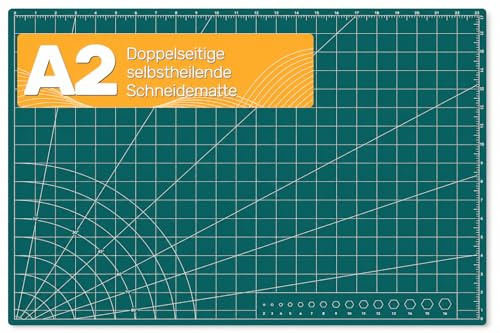 Tujurich Schneidematte A2 45 x 60 cm, doppelseitige Bastelmatte, Bastelunterlage schnittfest für Rollschneider zum Nähen, Quilten, Scrapbooking & Basteln, Grün, Self Healing Cutting Mat for Hobby
