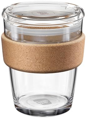 KeepCup Brew Cork Quicksip - 12oz/340ml Tempered Glass Reusable Coffee Cup/Travel Mug, Natural Cork Band with Clear Spill Proof Lid