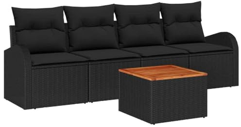 Qnhdfrt Gartensofa-Set 5-teilig mit Kissen, Lounge-Set aus Poly-Rattan und Akazienholz, modulare Sitzgruppe für Garten, Terrasse und Balkon, modernes Design Schwarz