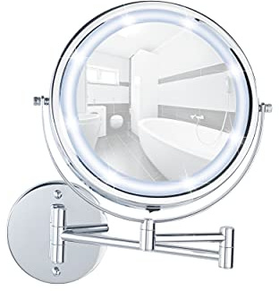 WENKO Power-Loc LED-väggspegel, Lumi, sminkspegel med 5 x förstoring, fastsättning utan borrning, batteridriven, spegelyta Ø 17,5 cm