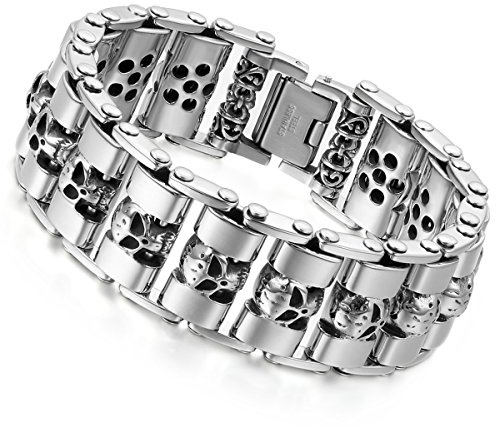 Flongo Herren-Armband für Herren, Große Schwer Breit Edelstahl Armband Link Handgelenk Silber Schwarz Gold Totenkopf Schädel Motorradfahrer Biker Herren-Accessoires