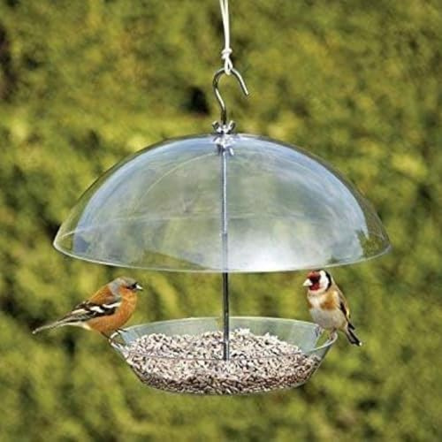 Garden Mile® Clear Covered Dome Canopy Adjustable Hanging Bird Feeders Garden Bird Feeders Seed Feeder Easy Clean and Fill Removable Tray With Hanging Hook For Small Birds - Keeps Big Birds Out