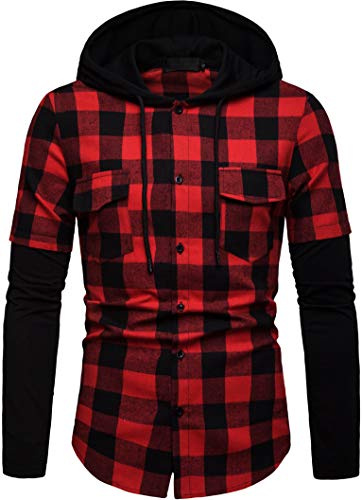 Iris Sprite Sweat à Capuche Homme Chemise Carreaux avec Poche Poitrine Épissage Manches Longues (Rouge, XL)