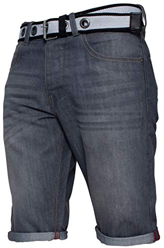 APT Mens Designer Dark Blue Slim Fit Cotton Denim Shorts Free Belt - All Waist Sizes (28, Grey)